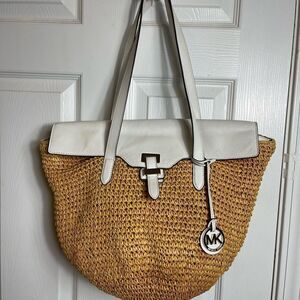 Michael Kors Naomi large tan straw crochet tote bag white leather flop &…